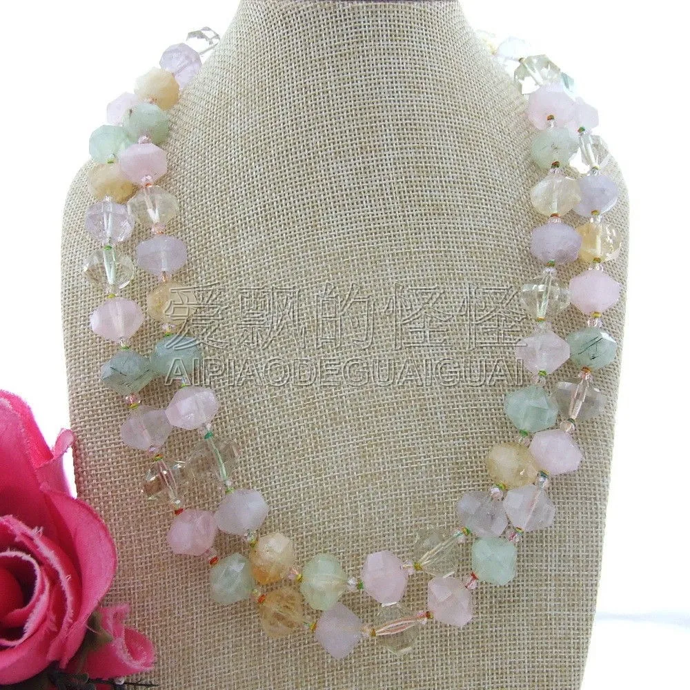 

Women's 21" 2 Rows Faceted Green Pink Stone Rose Crystal Necklace