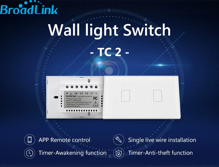 BroadLink TC2-2-US 220 В настенный выключатель, версия США Смарт настенный сенсорный выключатель, 2 банды 1 способ, переключатель дистанционного управления из любого места через 3g/4G