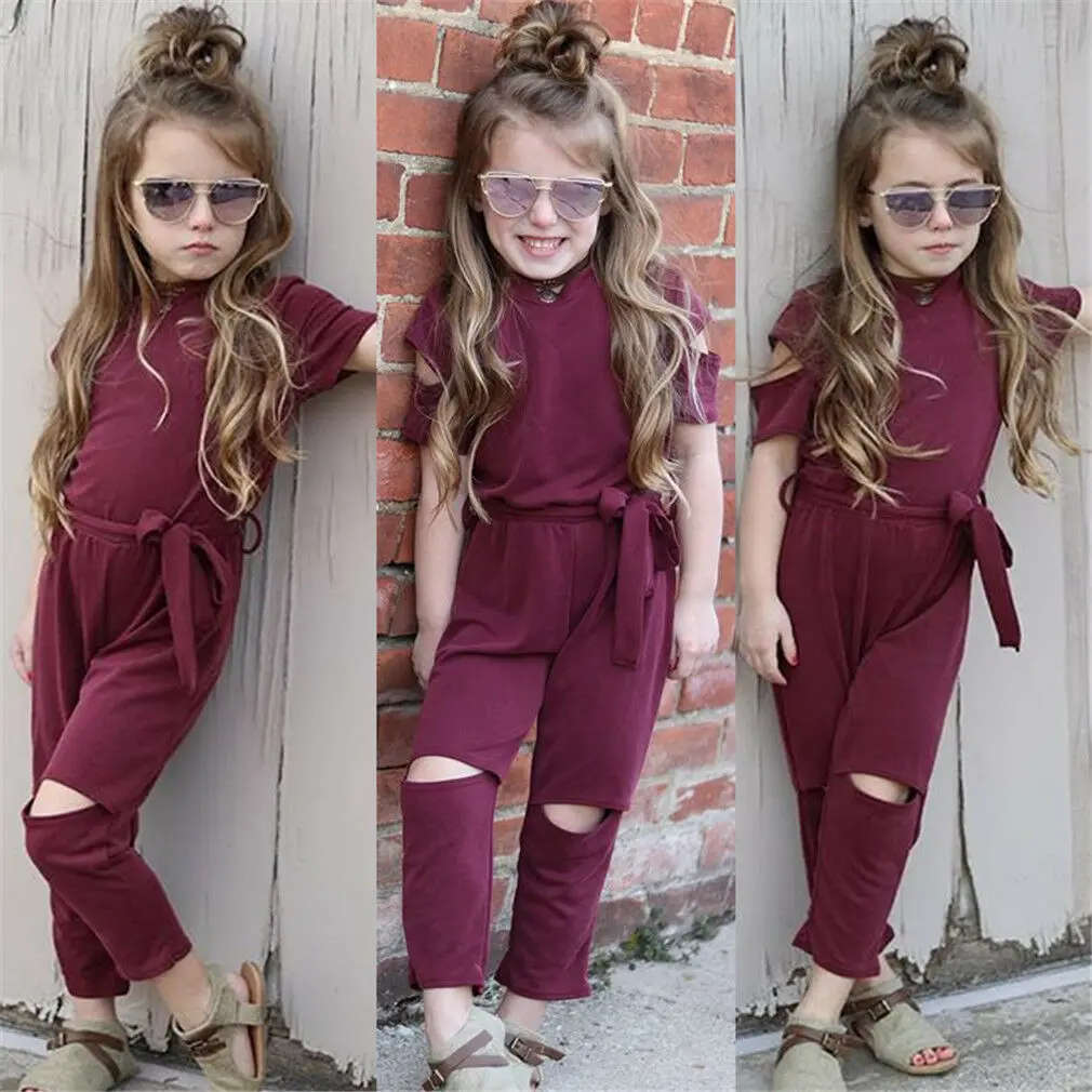 

Hot Trendy Kids Baby Girls Holes Cool Purple Short Sleeve Sashes Causal Cotton Bodysuit Jumpsuit Outfits Clothes Playsuit