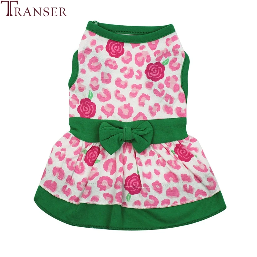 

Transer Floral Print Pink Green Dog Cotton Dress with Bowknot 80628
