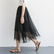 Лето 3 слойная юбка из фатина средней длины Для женщин юбки с принтом в полоску Повседневное плиссированные прямые черные ботинки до середины икры с коротким и широким подолом Longa Saias S8524