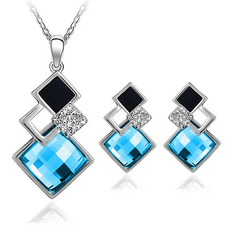 Square Geometry Jewelry Sets Pandent Necklace Stud Earrings Crystal