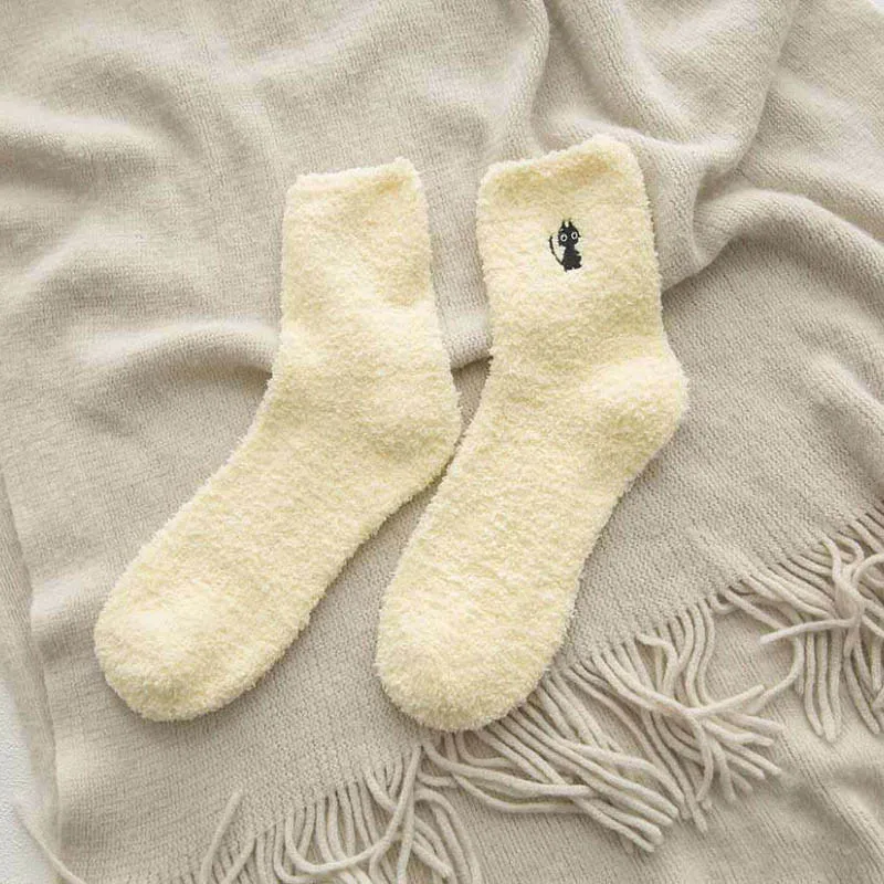 Утолщенные женские хлопковые милые плюшевые теплые носки для сна с вышивкой кота и оленя, Забавные милые носки, чулочно-носочные изделия, зимние кальцитовые носки harajuku meias - Цвет: yellow cat