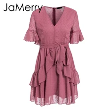 JaMerry Vintage sexy Rosa polka dot mujeres vestido de verano estilo capa volante Vestido corto de verano elegante cremallera vacaciones vestidos 2019