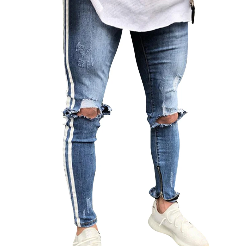 

MJARTORIA Ripped Pencil Jeans Cowboy Pants Holes Zipper Stripe Jeans for Men Denim Skinny Male Trouser pantalon mezclilla hombre