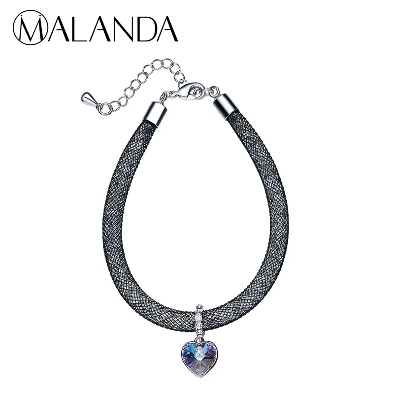 

MALANDA Brand Fashion Mesh Bag Heart shaped Pendants Necklaces Women Crystal From Swarovski Statement Necklace Wedding Jewelry
