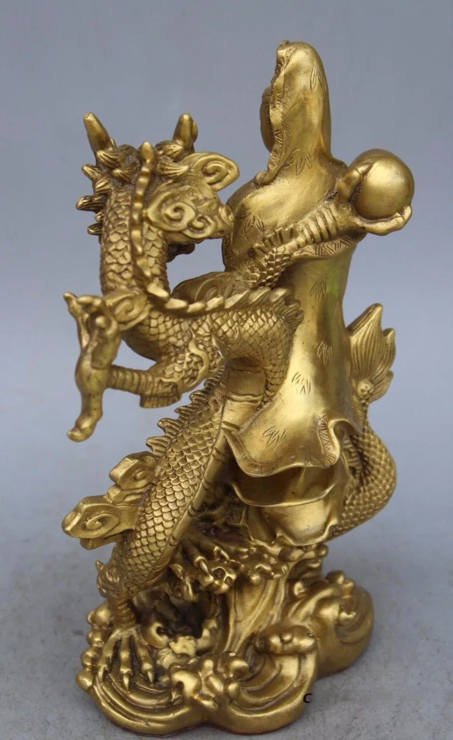 China Brass Dragon kwan-yin GuanYin Goddess buddha statue 