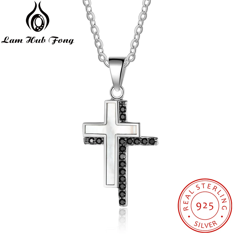 

925 Sterling Silver Cross Necklaces & Pendants with Mother of Pearl Shell & Black Zircons Party Women Necklaces (Lam Hub Fong)