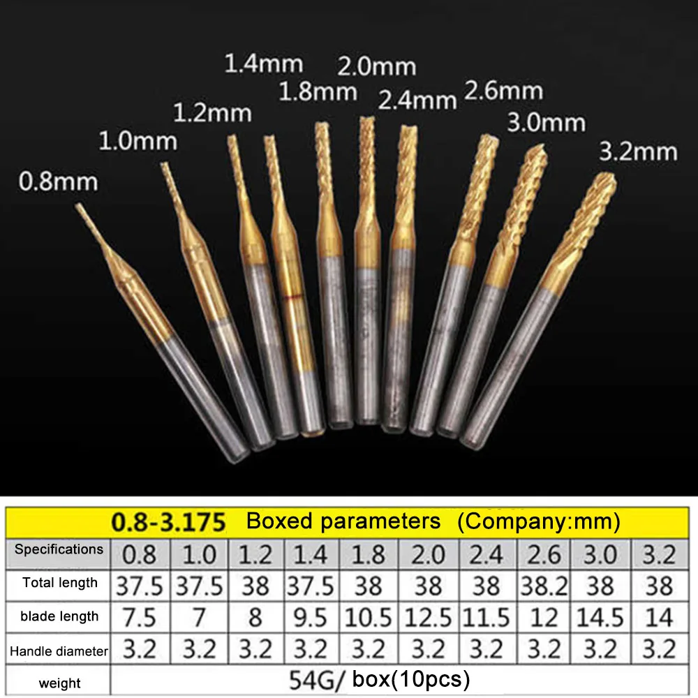 

10pcs Titanium Plating 0.8-3.175mm PCB Cone Taper Drill Bit Set Hole Engraving Cutter Metal Hex Bits