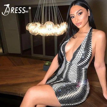 

INDRESSME 2019 New Vestidos Women Sexy Halter Deep V Neck Sequins Backless Sleeveless Geometric Fashion Dress Party Mini Dress