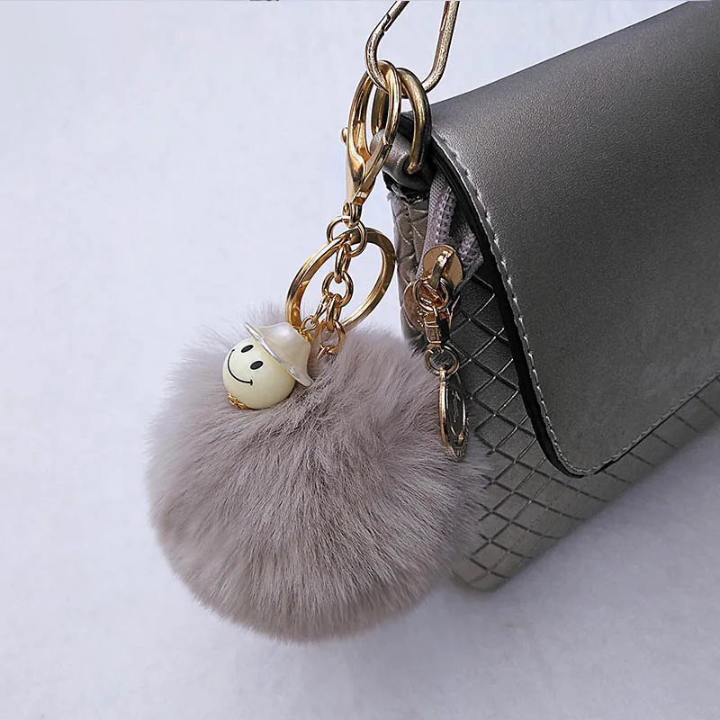 

Cute Smile Face Charms PomPom Ball Keychains Handmade Puffy Ball Wallet Pendants Jewelry Ornament Car Keys Decoration Souvenirs
