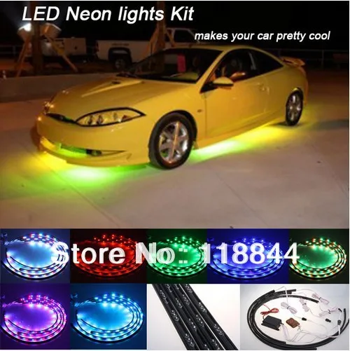 

1Set 24"*2 & 36"*2 7 Colors Wireless Remote & Music Activated RGB car LED Strips Car Decorative Light Underbody Neon Lights Kit