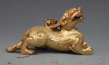 

China Feng Shui pure bronze Copper Gilded Foo Dog Lion QiLin beast Statue