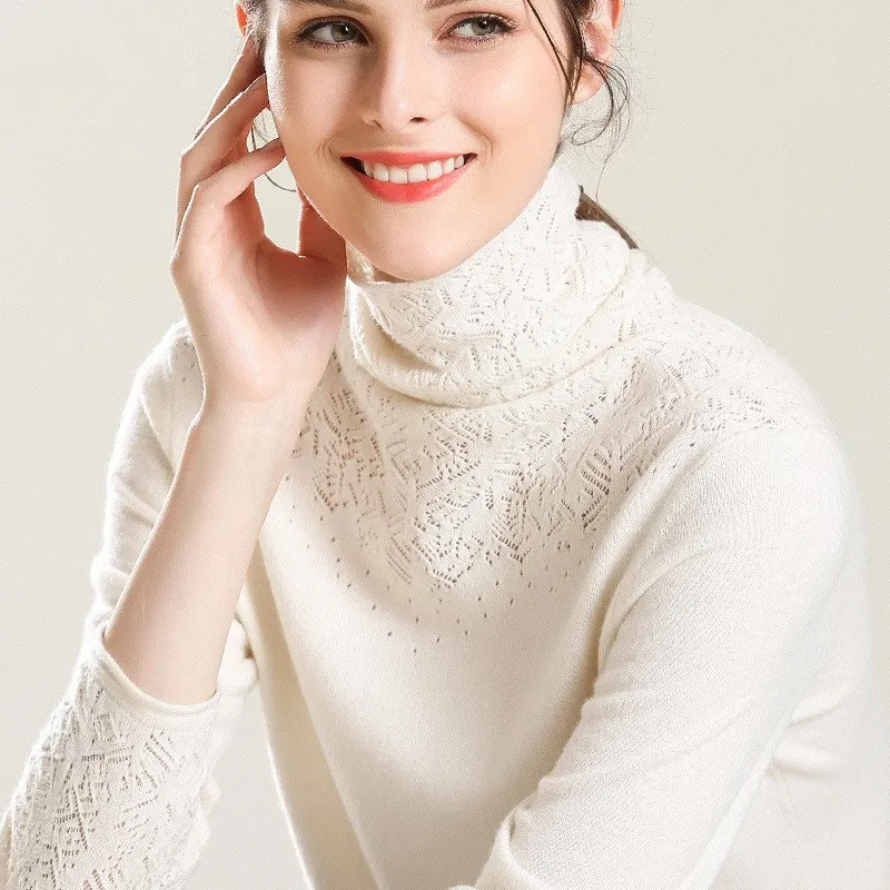 New Fashion Turtleneck Knitted Sweaters Casual Autumn Winter Women Hollow Out Soft Cashmere Pullovers Female Fluffy Jumper
