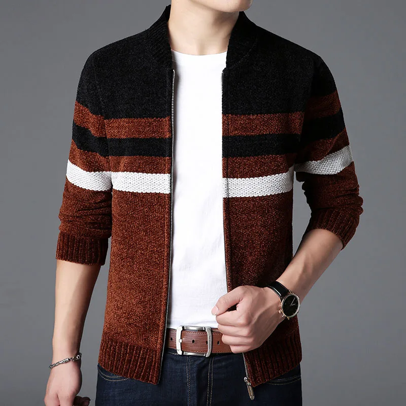 Новинка, модный брендовый мужской свитер Kardigan, в полоску, Облегающие джемперы, вязанные, толстые, зимние, корейский стиль, повседневная одежда для мужчин - Цвет: Black Brown