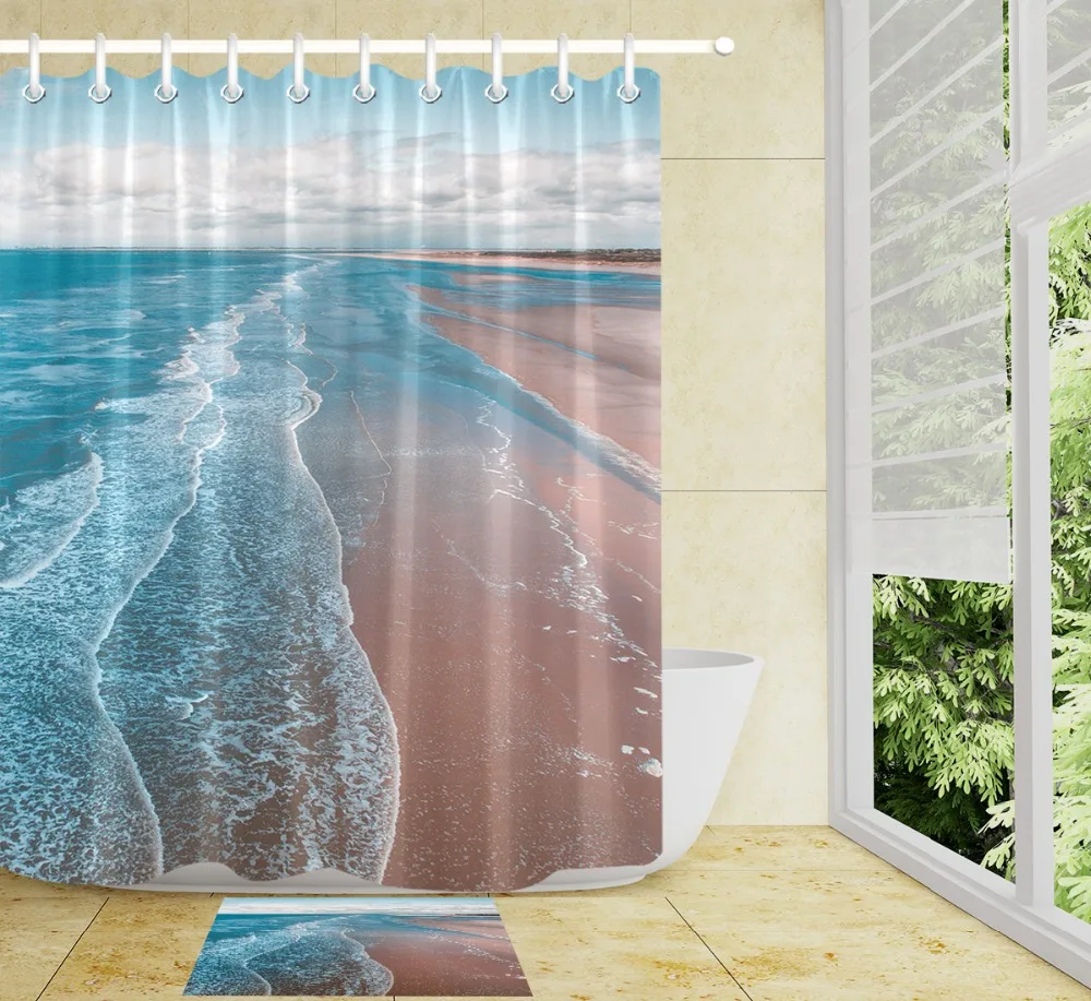 

Beautiful Scenery Blue Sea Spray Beach White Cloud Shower Curtain Liner And Mat Set Bathroom Waterproof Fabric For Bathtub Decor