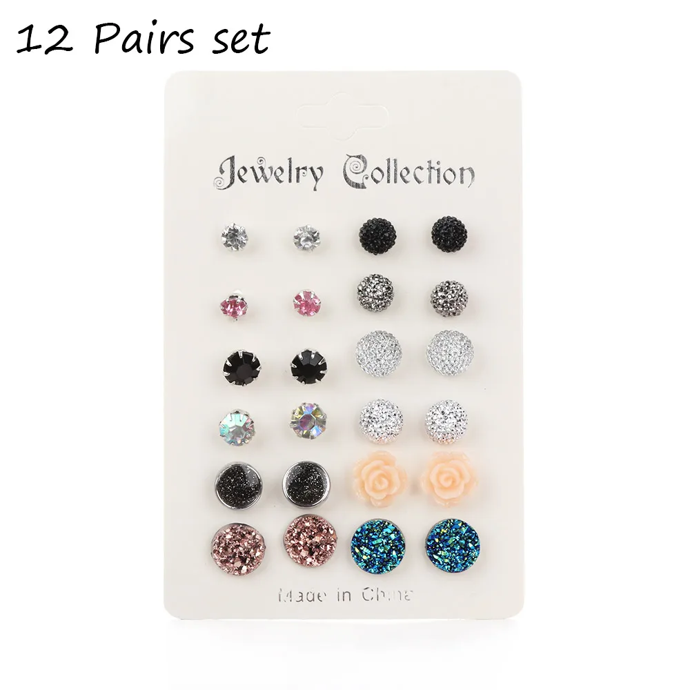 

12 Pair/Set Colorful Rainbow Crystal Zircon Stud Earrings for Women Girls Piercing Metal Quartz Ball Flower Earring Jewelry