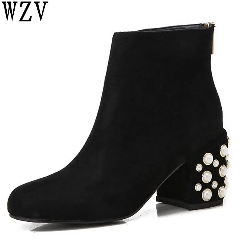 

NEW 2018 Square Toe Women Boots fashion pearl heel Ankle Boots Winter Thick high heel boots Ladies Party ankle boots E287