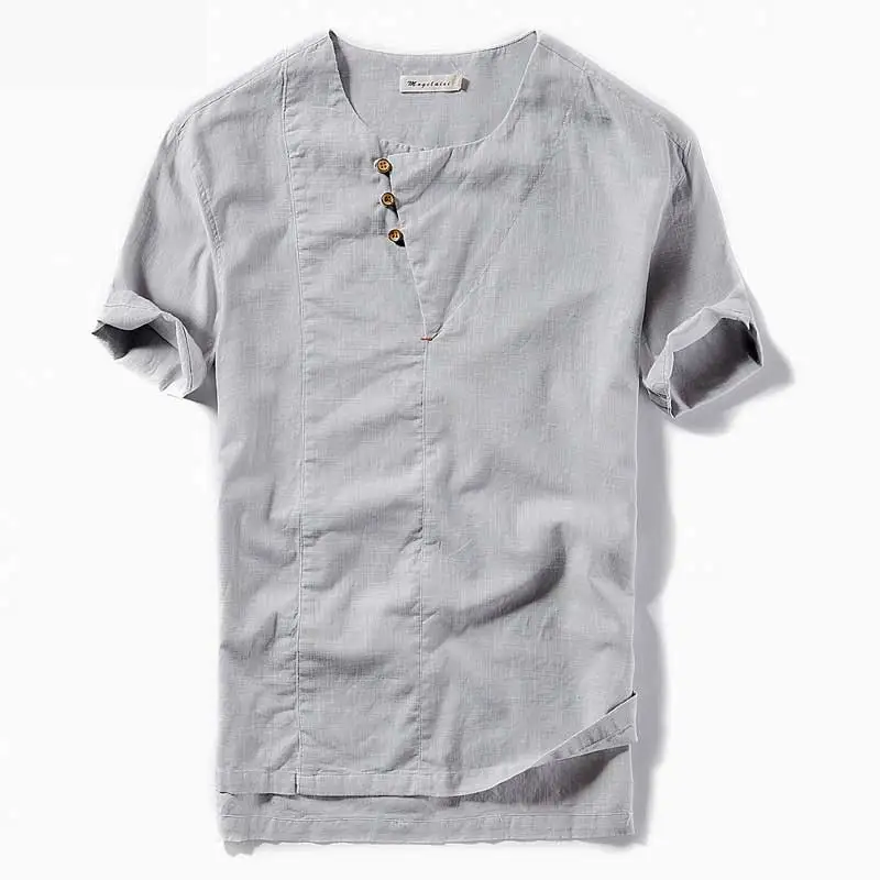 Men Casual Tee Shirt Linen Summer Comfortable Wear Personality Button