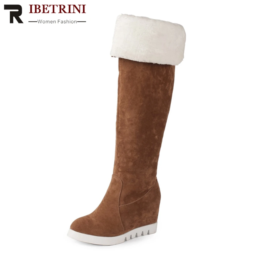 

RIBETRINI Fashion turned-over Edge Platform Super High Hidden Wedges Flock Cover knee-high Winter Boots For Ladies 2018