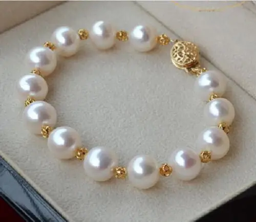 10-11mm natural Round south sea black pearl bracelet 7.5-8" 14k yellow Gold c  @