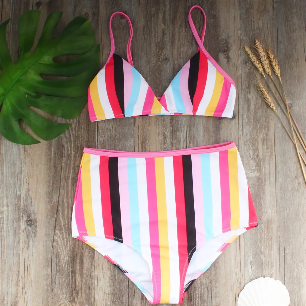 rainbow striped high waisted bikini