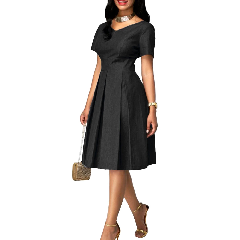 Dress For WOMEN Party Plus Size Women Solid Color V Neck Short Sleeve Slim High Waist Midi Dress - Color: Black