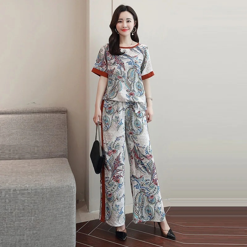 

2 Piece Set Women Short Sleeve Blouse And Wide Leg Pant Sets 2019 New Summer Fashion Elegant Vintage Printed Pants Suit