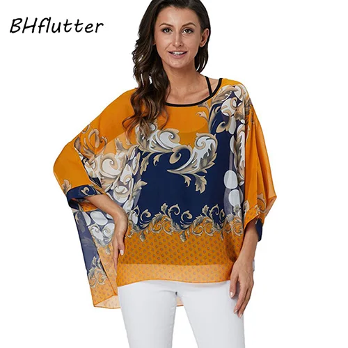 picture color BHflutter 4XL 5XL 6XL размера плюс блузка рубашка Женская Новинка полосатый принт летние топы футболки рукав летучая мышь повседневные шифоновые блузки - Цвет: picture color