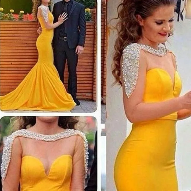

Beaded Yellow Satin Sheer Mermaid Long Evening Dresses Plus Size O-Neck Backless Prom Gowns Vestido de noche Abendkleider 2017