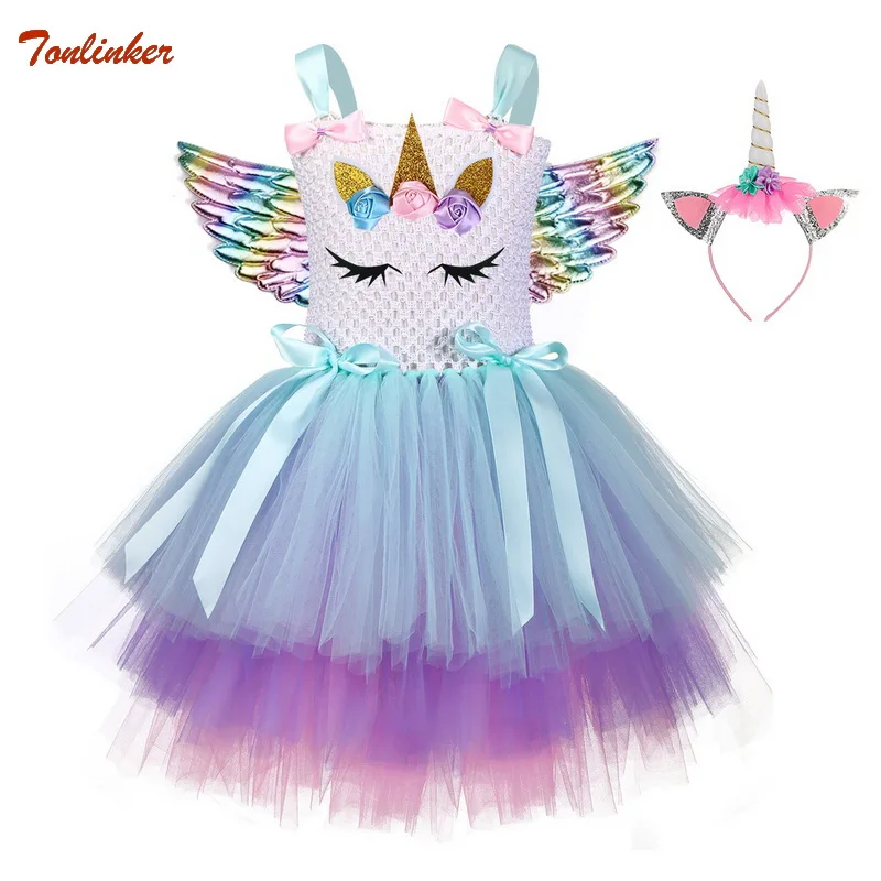 

Girls Unicorn Tutu Dress Headband Wings 3 Layers Cake Tulle Flowers Girl Birthday Party Dress Kids Halloween LOL Doll Costume