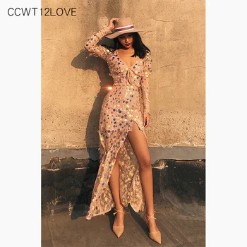 

Ladies Lace Sequined Dress Long New Long Sleeve High Slit Maxi Dress Pink Elegant V Neck Summer Dress 2019 Women Sexy