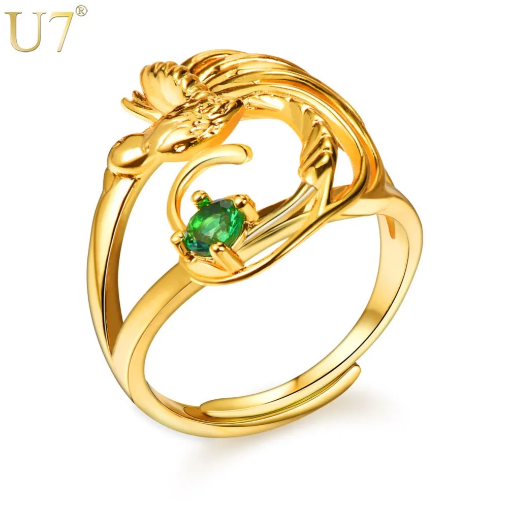 

U7 Green Stone Bird of Paradise Ring Resizable Women Jewelry Gold Color Ethnic Rings Papua New Guinea Jewellery R1017