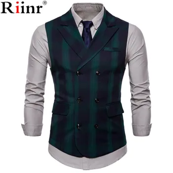 

Riinr 2019 Men Vest Red Plaid Vest Single Breasted V-neck Collar Casual Style Slim Fit Wedding Party Wear Plus Size Vest Men