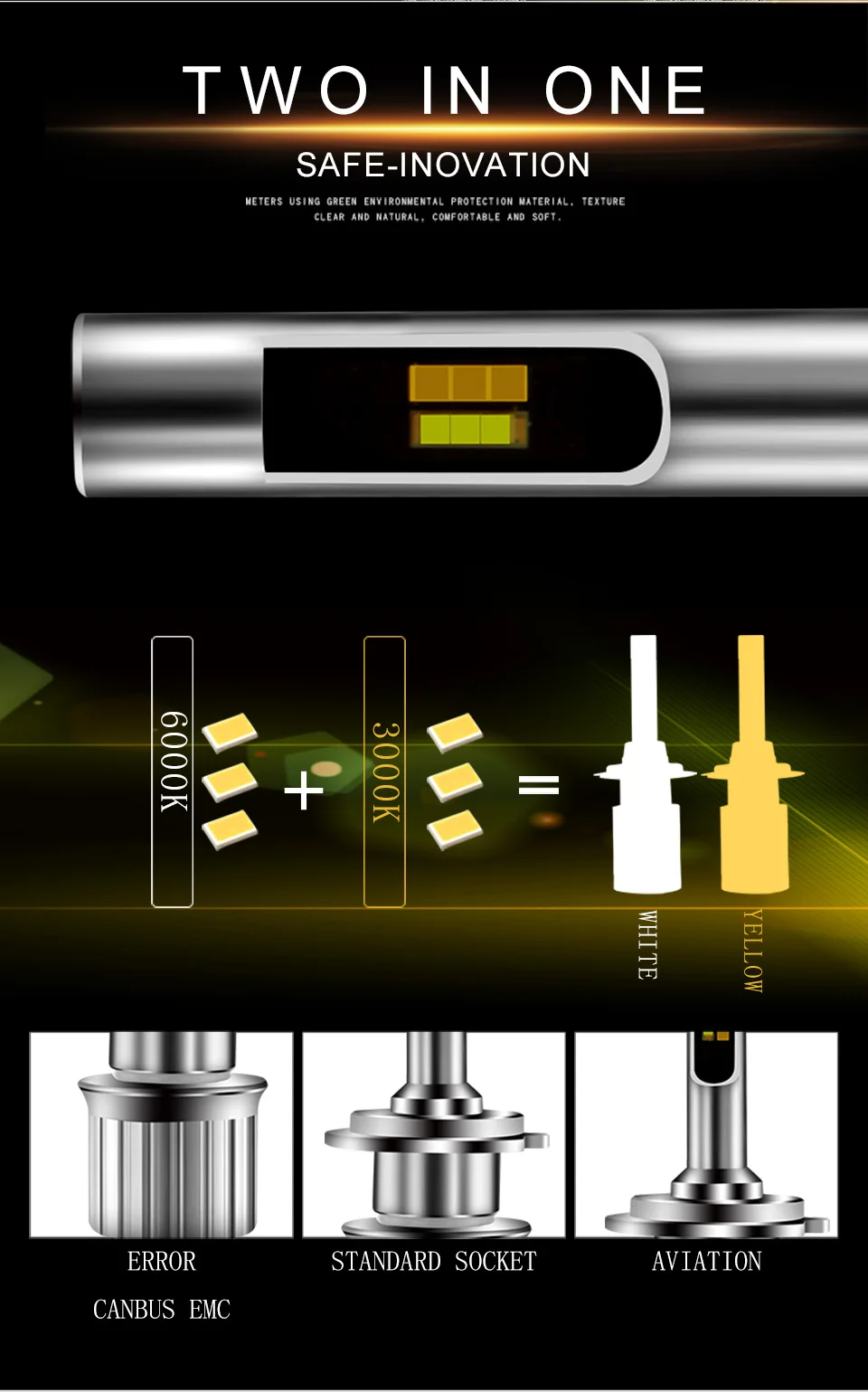 LDRIVE 2 шт. KS двойной Цвет автомобильная светодиодная лампа для фары 3000K 6000K цвет: желтый, белый H1/H3/H4/H7/H8/H9/H11/9005/9006/9012/HB3/HB4 налобный фонарь