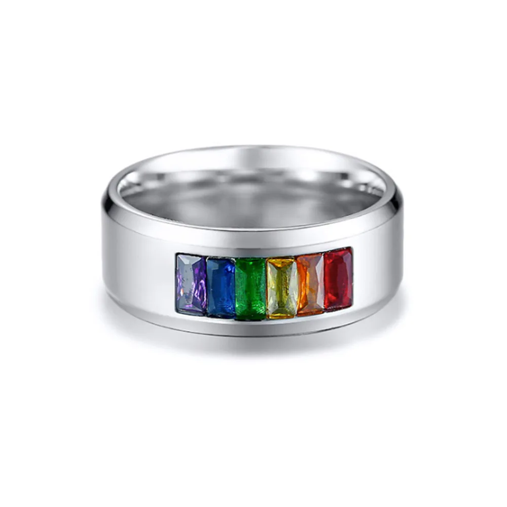Stainless Steel Rainbow Cubic Zirconia Pride Wedding Band Rings Jewelry Lovers Couple Valentine's Day Gift Rings Hot Sale
