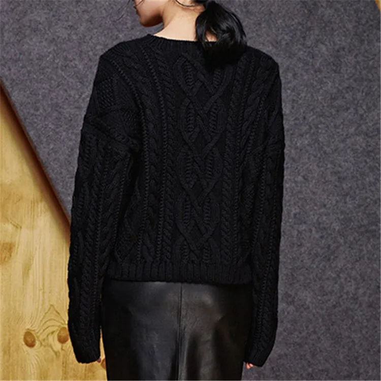 100%hand made pure wool Oneck twisted knit women streetwear solid loose short pullover sweater one&