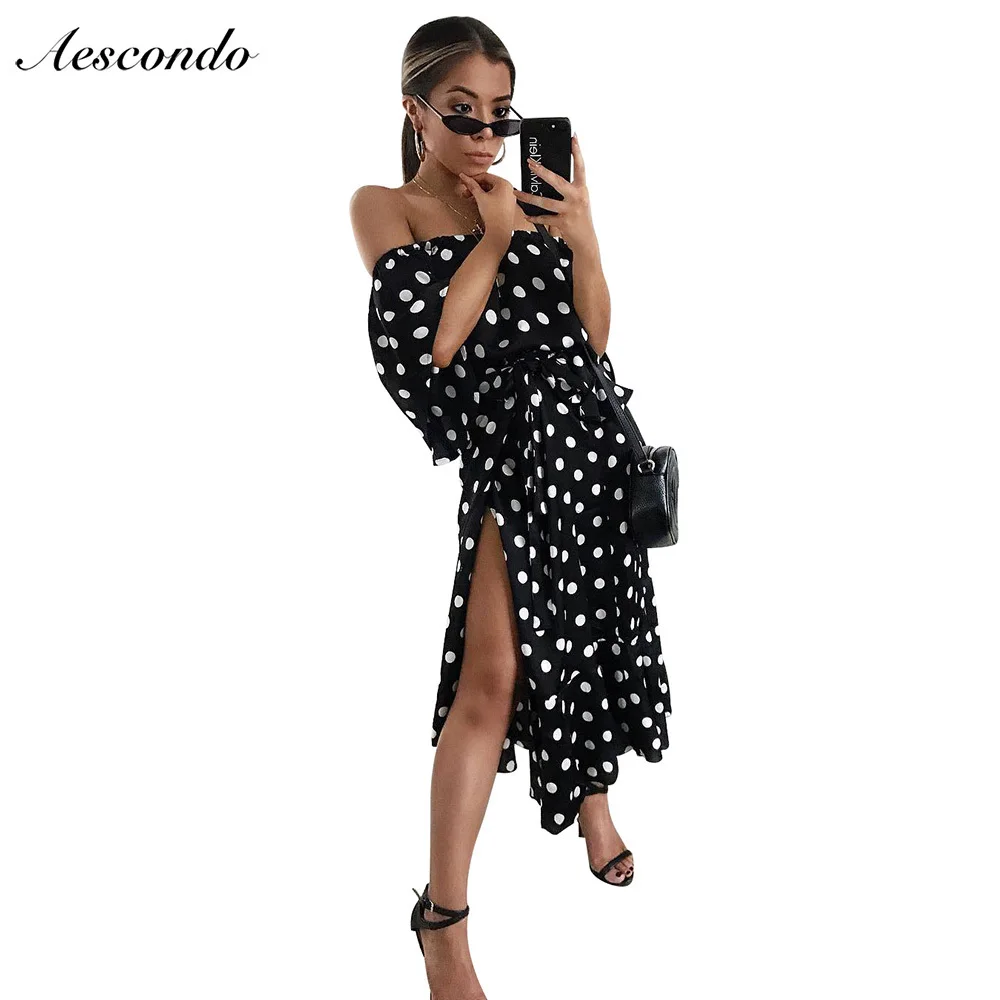 

aescondo polka dots side slit long dress sexy off shoulder flare sleeves maxi dresses women slash neck slim waist split vestido
