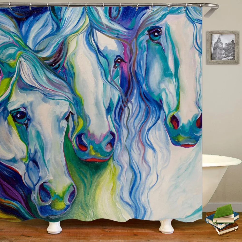 Watercolor Running Horses Decor White Waterproof Bathroom Shower Curtain Rug Mat 