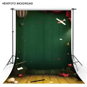 

Vinyl Backdrops for Photography Newborn 5x7 White Aircraft Solid Green Wood Wall with Hot Balloons for Kids Birthday Pictures