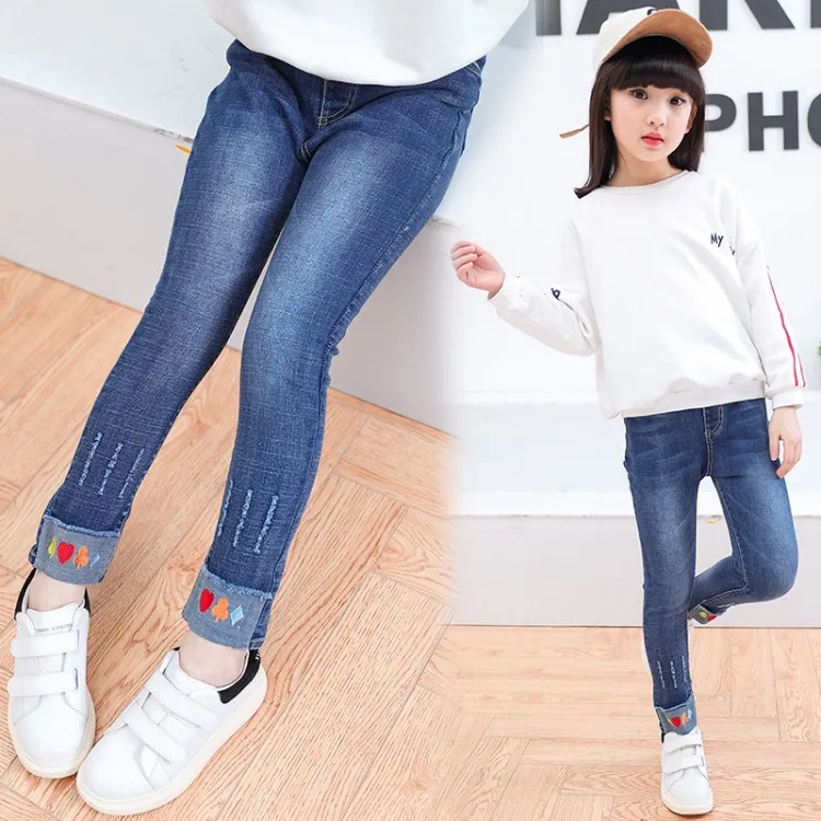 DZIECKO/Одежда для девочек, джинсы Новинка года, весенние детские джинсовые штаны дизайнерские штаны с вышивкой джинсы для девочек детская одежда - Цвет: 1
