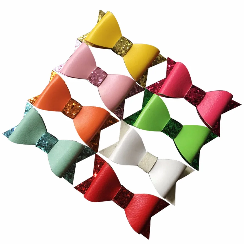 5pcs/lot, 2.8" Leather Glitter Hair Bow With Clips, Bow tie, Hair Clips