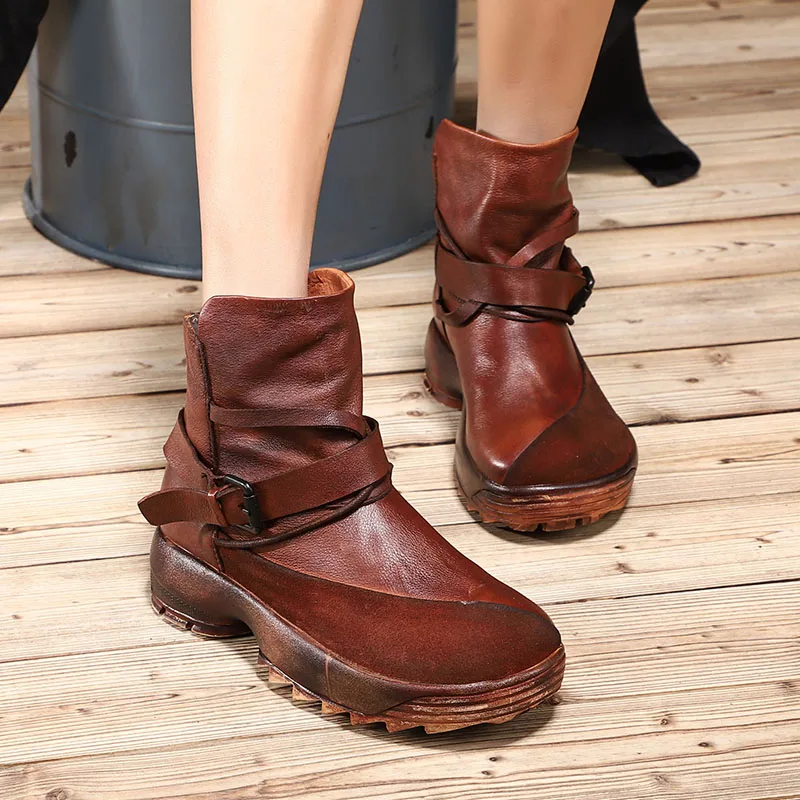 

2018 VALLU Genuine Leather Shoes Ladies Ankle Boots Round Toes Buckle Back Zipper Platform Booties Handmade Retro Women Boots