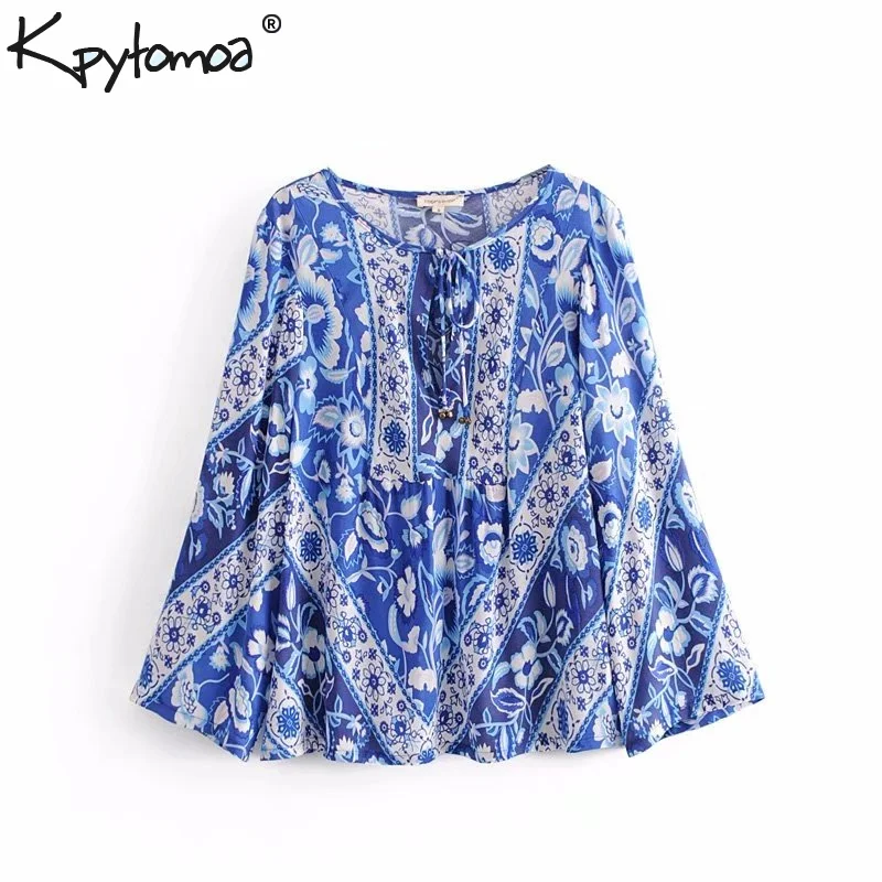 

Boho Chic Summer Tops Vintage Floral Print Blouses Women 2019 Fashion Lace Up V Neck Long Sleeve Beach Blouses Blusas Mujer