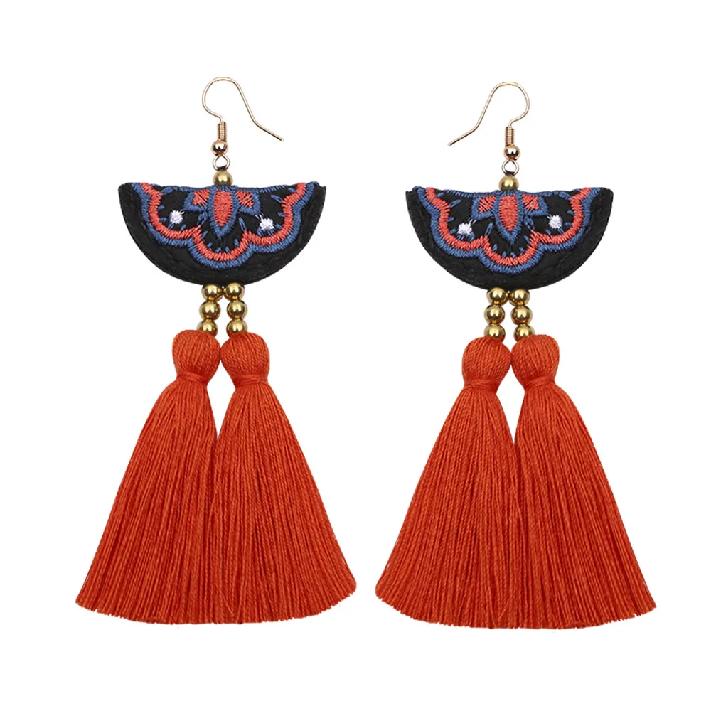

Bohemian mature charm lady long tassel earrings red pendant handmade woven ethnic style earrings fashion women 2019 statement