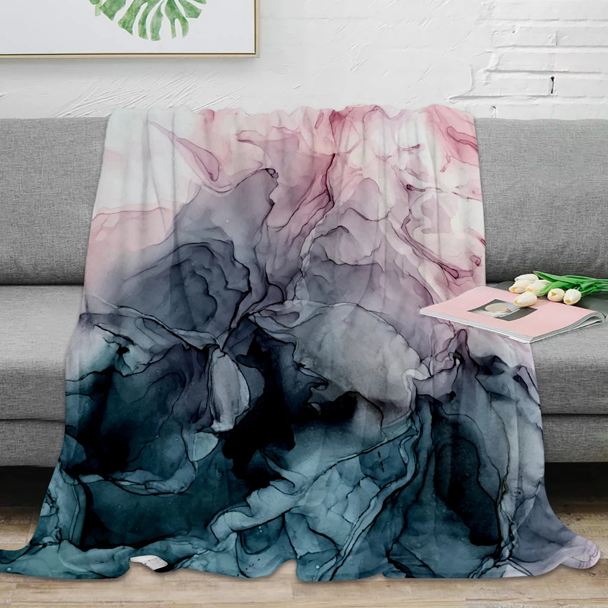 

Blush and Payne's Grey Flowing Abstract Painting Throw Blanket Warm Microfiber Blanket