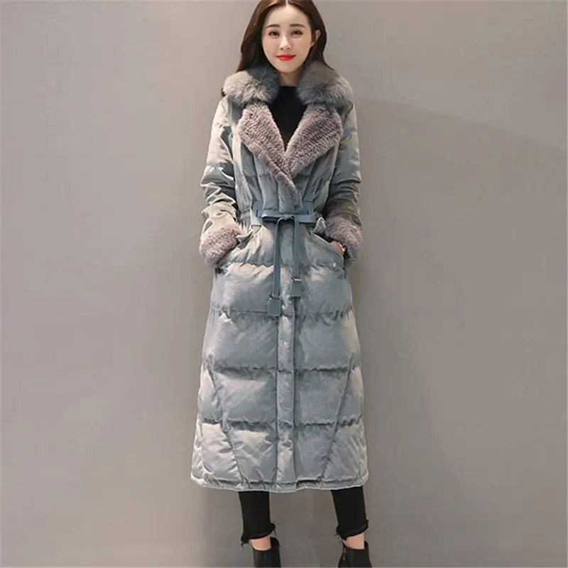 2018 Winter Women White Duck Down Jacket Suit Collar Fox Fur Collar Gold Velvet Thick Coat Female Slim Warm Long Outwear O815 2018 Winter Women White Duck Down Jacket Suit Collar Fox Fur Collar Gold Velvet Thick Coat Female Slim Warm Long Outwear O815