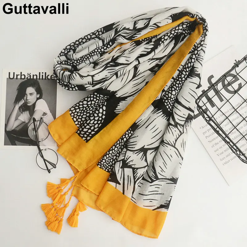 

Guttavalli Women Sunflowers Cotton Tassels Long Shawl Female Skinny Floral Wrap Chevron Sunscreen Yellow Ends Dots Plant Scarves