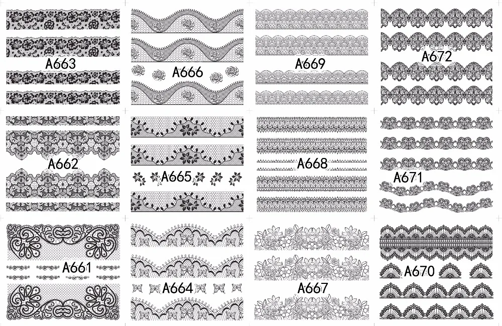 48 шт смешанные сексуальные кружевные черные цвета для дизайна ногтей, наклейки, переводные наклейки, переводные наклейки для ногтей, гелевые инструменты для маникюра TR# A625-672