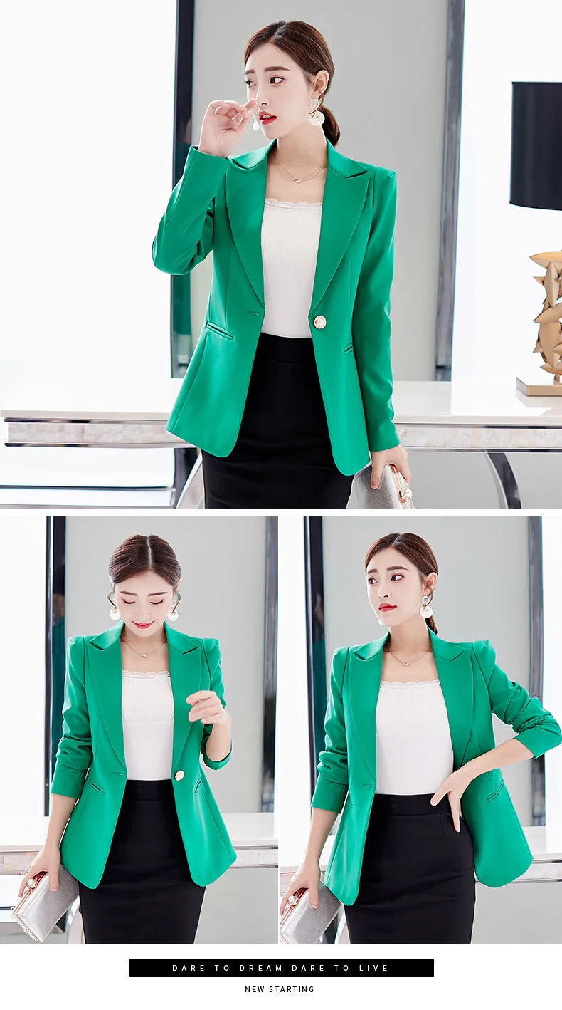 Зеленый синий пиджак в офисном стиле для женщин костюм Мода 2019 г. Повседневное с длинным рукавом офисные Blasers Дамы одна кнопка Куртки